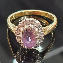 Amethyst and Diamond Halo set Ring set in 18ct Gold